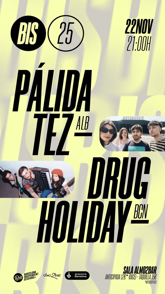Volvemos a Barcelona!!!!

22 de noviembre en el Almo2bar junto a Drug Holiday 🫡

Entradas ya por aquí: link.dice.fm/wFwye0n1jXb?sh…