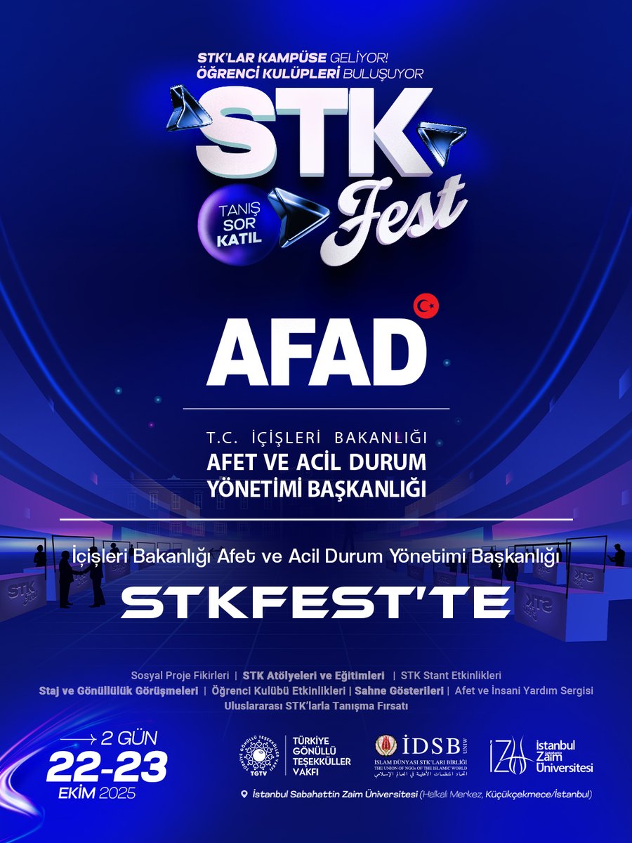 AFAD, STKFest’te!

İçişleri Bakanlığı Afet ve Acil Durum Yönetimi Başkanlığı (AFAD), 22-23 Ekim 2025’te İstanbul Sabahattin Zaim Üniversitesi’nde gerçekleşecek olan STKFest’te üniversite öğrencileri ile buluşuyor! 🎉

👉 Üniversiteli gençler, STKFest’te heyecan sizi bekliyor!