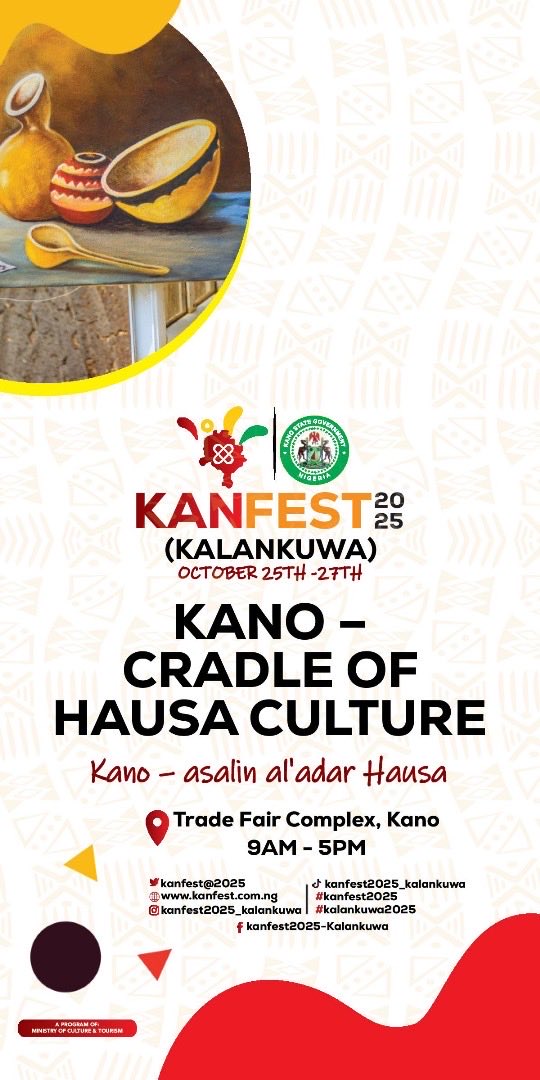Kano State Government welcomes you to its first official KALANKUWA titled "KANFEST 2025"

KANFEST is dedicated to celebrating Kano’s rich arts and crafts heritage. 

KANFEST is designed to become an annual state event, and the maiden edition is just around the corner. It is going