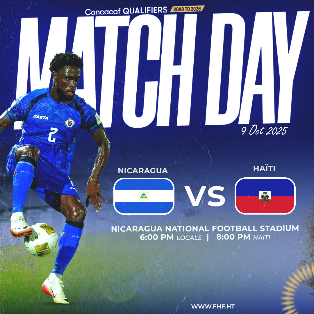 fhfhaiti's tweet image. JOUR DE MATCH
Les Grenadiers affrontent ce jeudi 9 octobre 2025 le Nicaragua, à l’occasion de la 3e journée du Groupe C de la phase finale des éliminatoires de la Concacaf pour le Mondial 2026.
#Ayitinounanbatay ⤵️
facebook.com/share/p/1CZQbC…