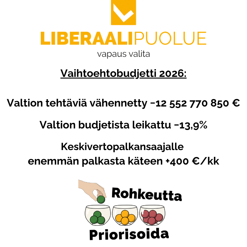 Liberaalipuolueen vaihtoehtobudjetti 2026 #RohkeuttaPriorisoida on julkaistu!

Haluaisitko +400 €/kk enemmän rahaa käteen palkasta?
Kurkkaa miten: liberaalipuolue.fi/rohkeuttaprior…
