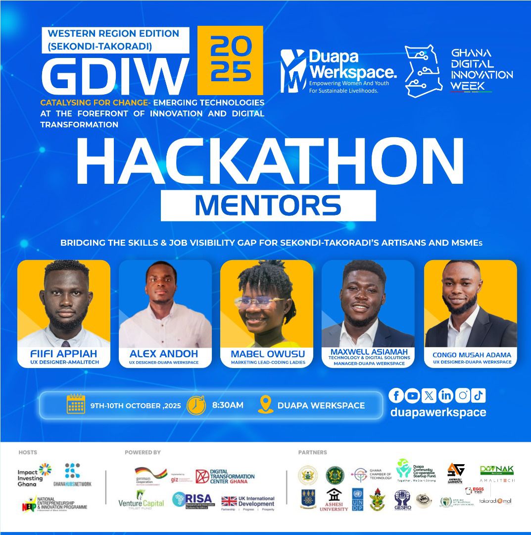 thegdiw's tweet image. 🔥 Happening today in Takoradi! The GDIW 2025 Hackathon is live at Duapa Werkspace! Innovators, artisans & MSMEs unite to tackle skills & job visibility gaps.
#GDIW2025 #InnovationGhana #Hackathon