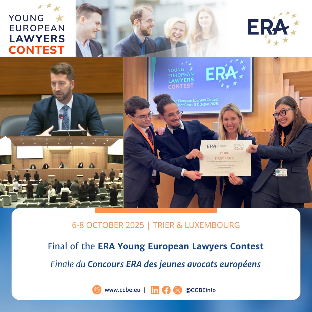 CCBE First Vice-President Roman Zavrsek was delighted to be a juror of the 2025 YELC (<a href="/ERATrier/">Academy of European Law</a>).
👏Congratulations to 2025 winners Sabrina Aurnhammer, Alix Uzelac Vedriš, Niels Depaepe &amp; Sabri M.!
Enter next year’s contest by 15 Dec 2025
➡️yelc.era.int