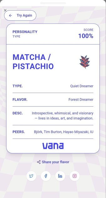 My Spotify flavor is MATCHA/PISTACHIO Chasing forest dreams and quiet vibes with a matcha/pistachio mood! 
It isn't just lo-fi, it's a genre of my soul! #VANA 

Find out your own Spotify ice cream flavor on app.vana.com <a href="/vana/">vana</a>
