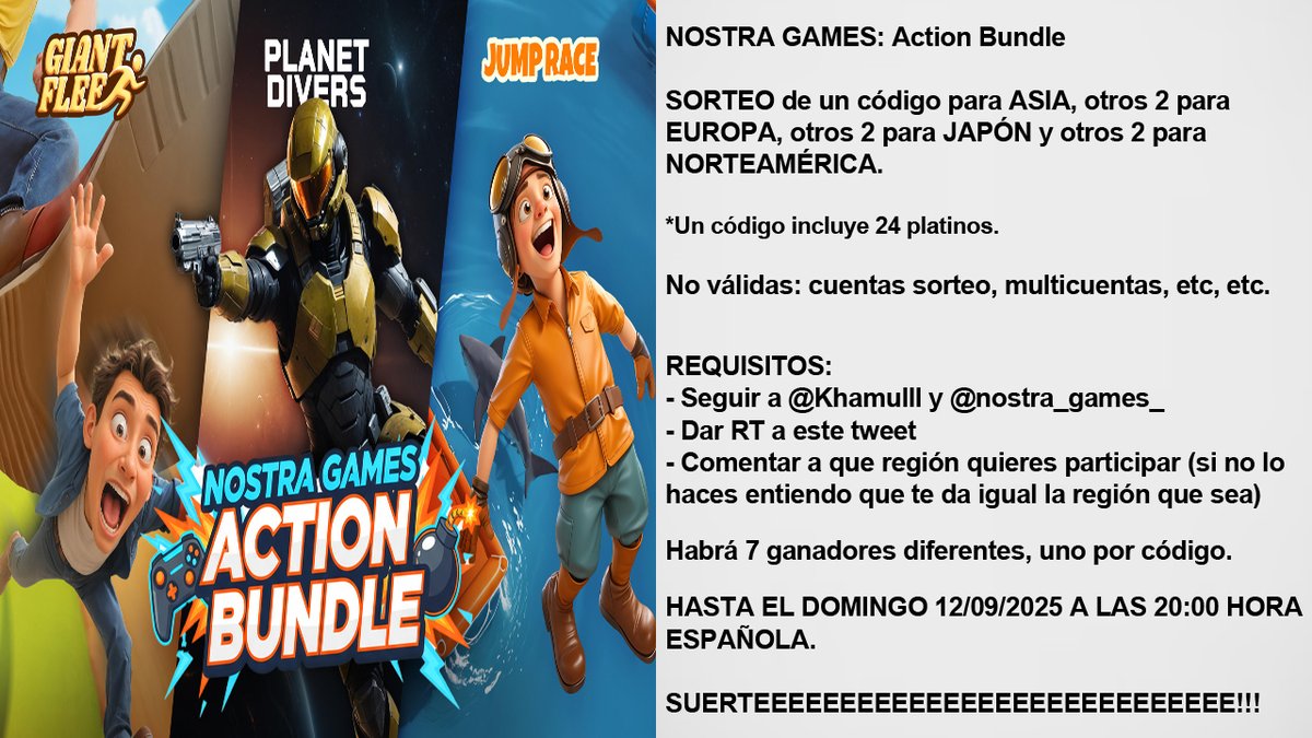 Khamulll's tweet photo. Nuevo sorteo de 7 códigos de "NOSTRA GAMES: Action Bundle" para PlayStation (1 x AS, 2 x EU, 2 x JP y 2 x NA)
Requisitos:
- Seguir a @Khamulll y a @nostra_games_
- RT este tuit 🔃
- Comenta a que región participas
Hasta el 12/09/25 20:00 ⏰
*más información en la imagen, suerte! https://t.co/UZ6cknK94l