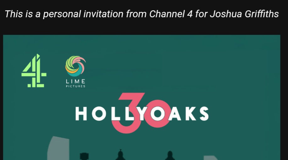 JoshJoshieg98's tweet image. Absolutely buzzing to be invited to the Channel 4, @Hollyoaks 30th birthday celebration. 

Preview of the anniversary week.
Q and A with the cast 
And party after wards ❤️

Cannot wait 😍

@MorePowder