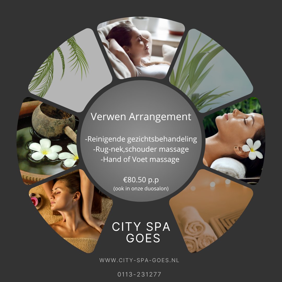Wellnessen in de provincie Zeeland?
Boek nu een heerlijk verwenarrangement bij City Spa Goes
#Zeeland #Vlissingen #Middelburg 
#city #cityspagoes #massage #ontspanningsbeleving #gezichtsbehandeling #Goes 
#verwenarrangement