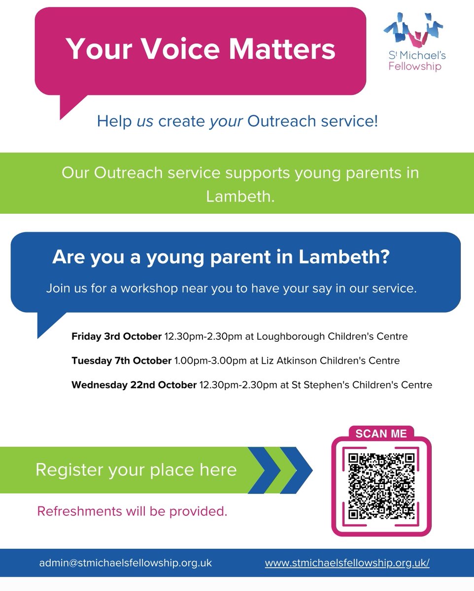 hf_cc's tweet image. HAVE YOUR SAY - are you a young parent in London? Do you attend St Michaels? 

We have workshops for you to attend and have your say. Drop in on the dates on the flyer. Scan qr code to register 🤗