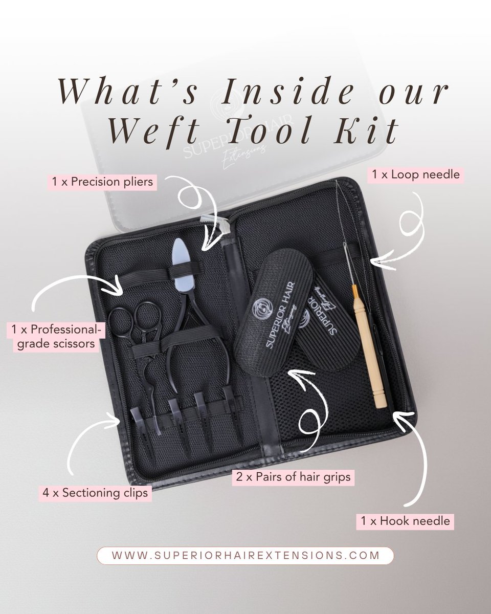 SH_HairFactory's tweet image. The only Weft Tool Kit you actually need for a flawless weft install.
Inside our  Superior Hair Weft Tool Kit: Pliers, scissors, 4 clips, loop needle, hook needle, and hair grips.  

#HairTwitter #HairTools #WeftExtensions #StylistHacks #SalonLife #MustHaveTools