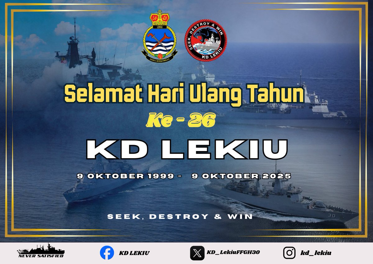 Selamat Ulang Tahun ke-26 KD LEKIU!
26 tahun berbakti, terus gagah mengharungi samudera dan menjulang nama Tentera Laut Diraja Malaysia.

#LeqFighters
#FFGH30
#Navypride
#Navypeople