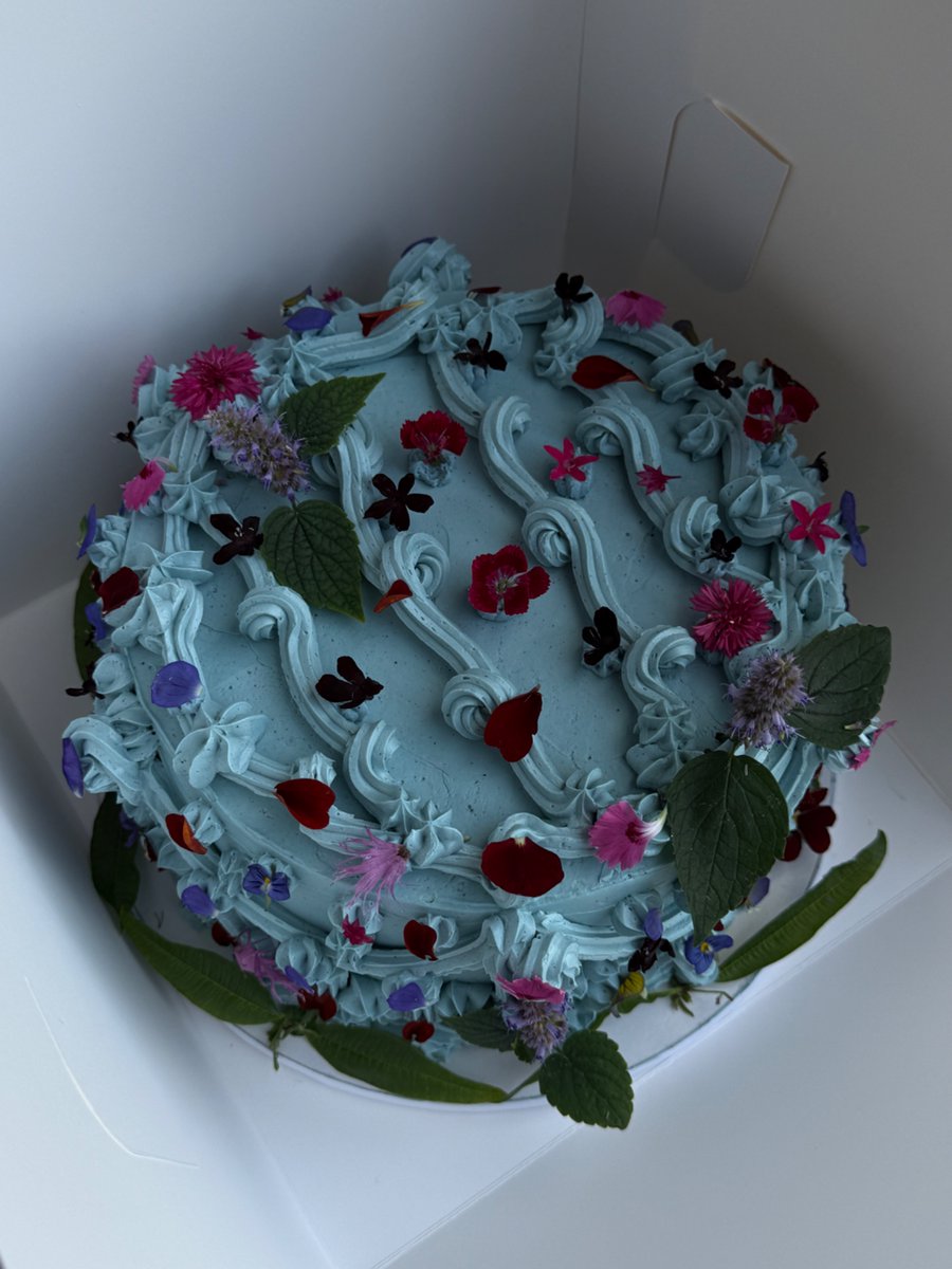 citrus olive oil cake, jasmine whipped cream, stone fruit jam, vanilla swiss meringue buttercream dyed with butterfly pea powder 🍋‍🟩🏹🎂🌬️🧈🦋🫛