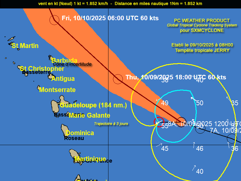A 8h00, JERRY est situé à 570 km à l'EST/Sud Est des îles du nord. ces dernières heures il a suivant un cap plus à l'ouest qui risque de la rapprocher des nos îles. A surveiller. Vents 100 km/h, pression 999 hpa.