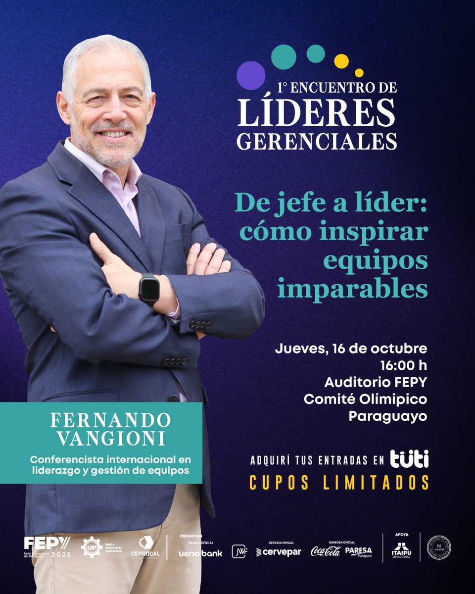 FEPY_paraguay's tweet image. 💡 Los grandes resultados nacen de líderes que inspiran confianza y compromiso.
Fernando Vangioni mostrará cómo pasar de jefe a líder y potenciar equipos imparables.
📅 Jueves 16 de octubre – 16:00 h
📍 Auditorio FEPY – Comité Olímpico Paraguayo
🎟️ tuti.com.py/FERIA-EMPRESAR…
