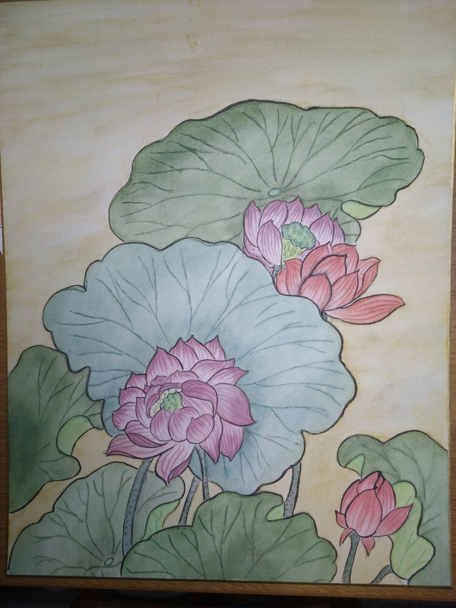 インド手描きピチャワイ画　牛と蓮の花の絵画 インド手描きピチャワイ画 牛と蓮の花の絵画