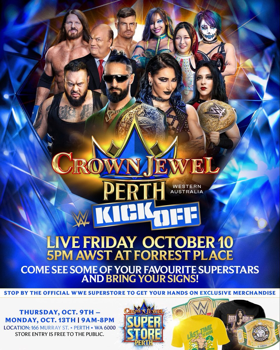 WWEAustralia's tweet image. 🇦🇺 PERTH, ARE YOU READY?!?
The #WWECrownJewel Kick-Off Show hits Forrest Place this Friday at 5pm AWST! 🔥

@WestAustralia #WWEAustralia