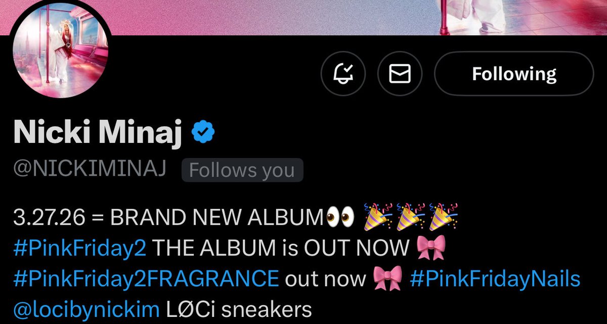 N8empire5's tweet photo. 🚨NICKI MINAJ HAS OFFICIALLY UPDATED HER TWITTER BIO 

3/26/26= BRAND NEW ALBUM https://t.co/b2IRle66D7