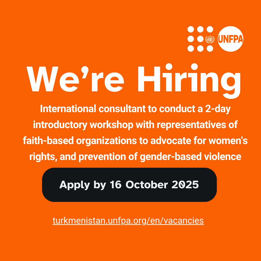 The UNFPA Turkmenistan office advertises the #vacancy of an International consultant to conduct a workshop with representatives of faith-based organizations to advocate for women's rights, and prevention of GBV. Apply here:
turkmenistan.unfpa.org/en/vacancies/i…