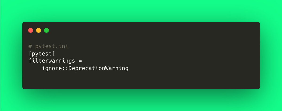 testdrivenio's tweet image. Python tip:

The filterwarnings option in pytest allows you to control which warnings are shown during test runs by specifying categories and actions.

👇