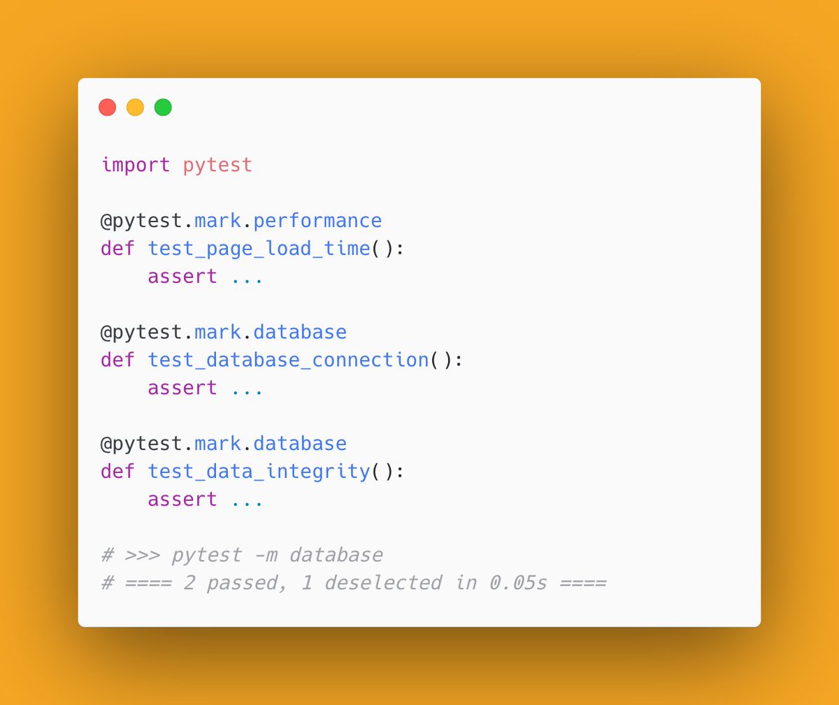 testdrivenio's tweet image. Pytest tip:

Use pytest&apos;s custom markers to add metadata to tests. This helps organize and run specific groups of tests easily.

Example 👇