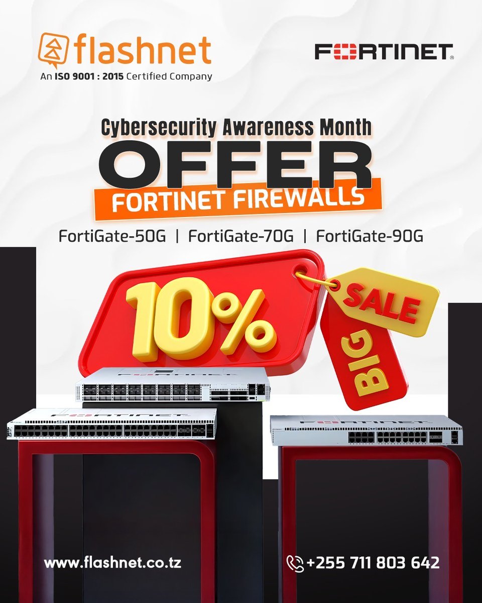 flashnet_tz's tweet photo. Cybersecurity Awareness Month OFFER!

Protect your business with Fortinet Firewalls and enjoy 10% OFF this October! 🎉

Limited Stocks Only
✅ FortiGate-50G
✅ FortiGate-70G
✅ FortiGate-90G

📞 Call Now: +255 711 803 642
Visit: https://t.co/LAm8msTAg1

#CyberSecurityAwareness https://t.co/5oMvXo8M2c