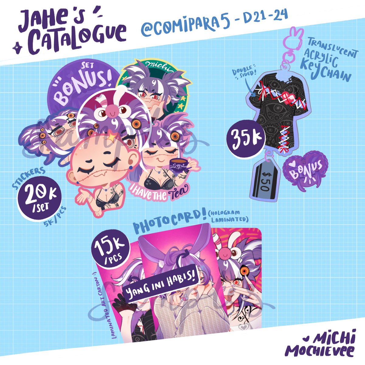 perjahean's tweet image. [share appreciated💛]

✨Jahe’s (not) full catalog for #comipara5 ✨

📅 18-19 October
📍 D21-24 (both days)

fandom: NIJI EN (BY THE BEAT), Michi Mochievee, Original

#comipara5catalogue