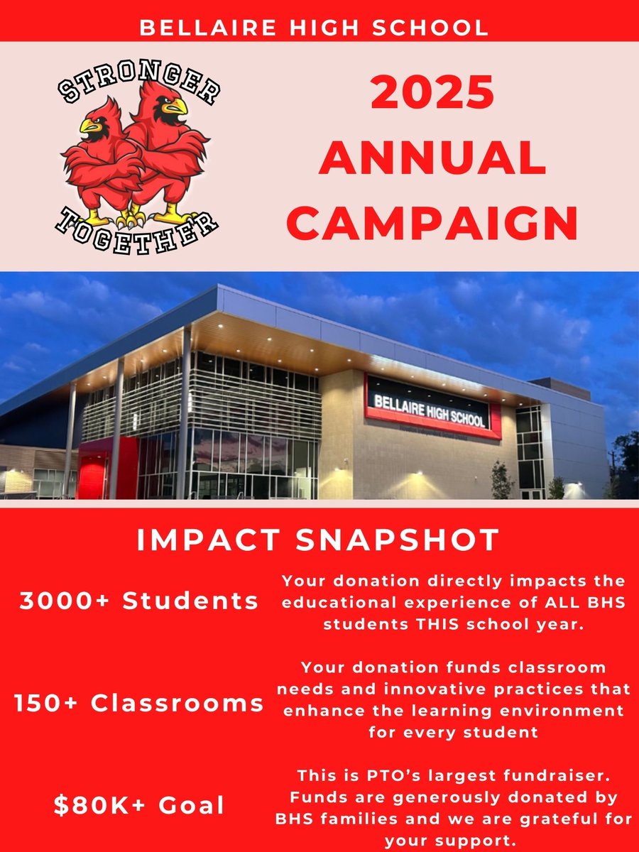 We need everyone's help to hit our fundraising goal! Please make your contribution to the 2025 Stronger Together Annual campaign now, before the October 17th deadline. Thank you to all of the families that have donated so far! bellairepto.org/store/c3/Annua…