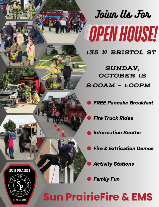 SPUtilities's tweet image. Our staff are participating in the #SunPrairie Fire and EMS and Fire open house on Sunday, October 12! You can stop by at 135 North Bristol Street between 8 a.m. and 1 p.m. to take advantage of the free pancake breakfast, fire truck rides, information and activity stations, etc.