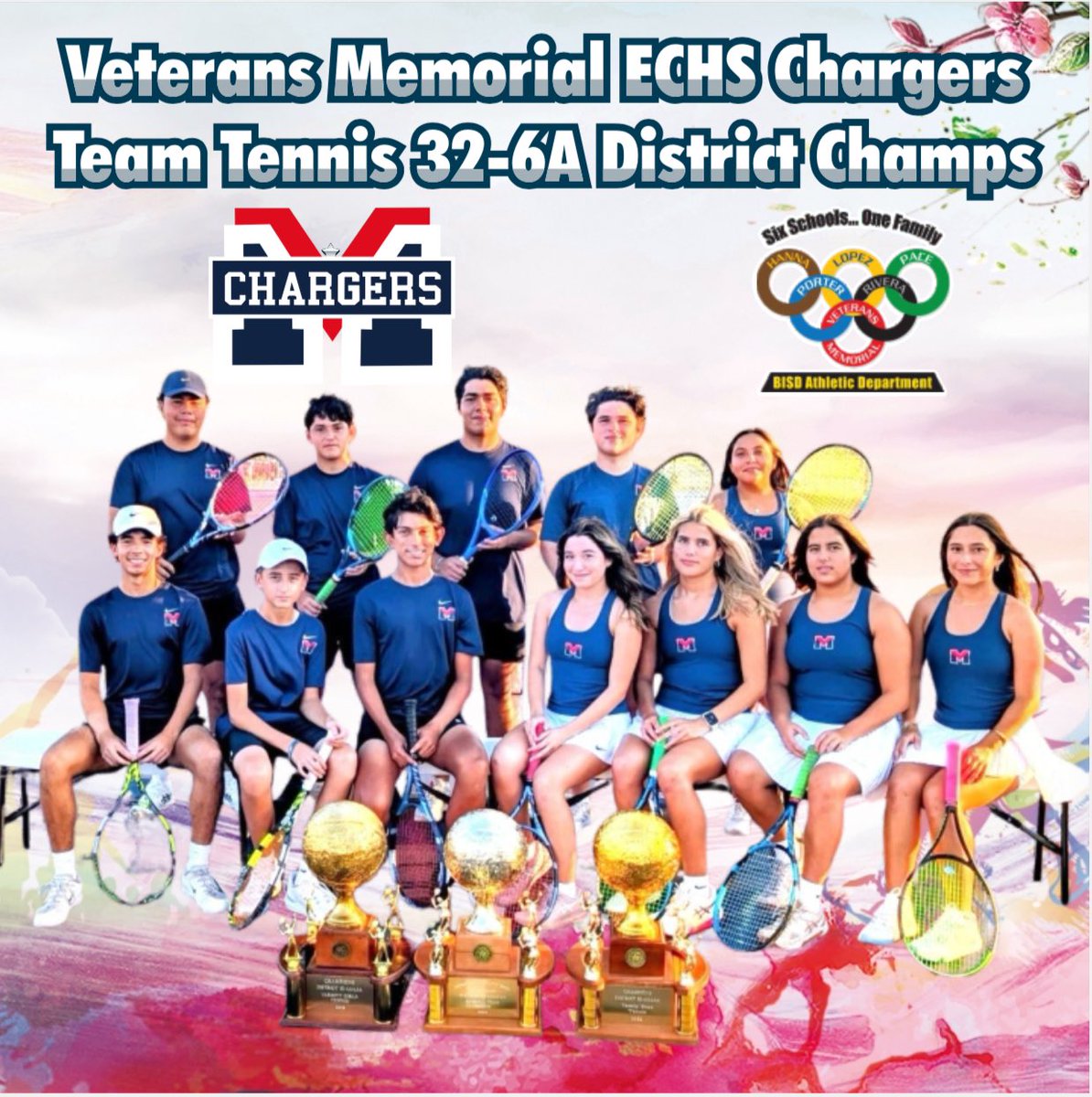 🏆🎾 Huge congrats to the Veterans Memorial ECHS Chargers 32-6A District Champs in Team Tennis! 💪🔥

Proud of your hard work, heart, and hustle on the court! ⚡️
#BISDAthletics #VMChargers #DistrictChamps #TeamTennis