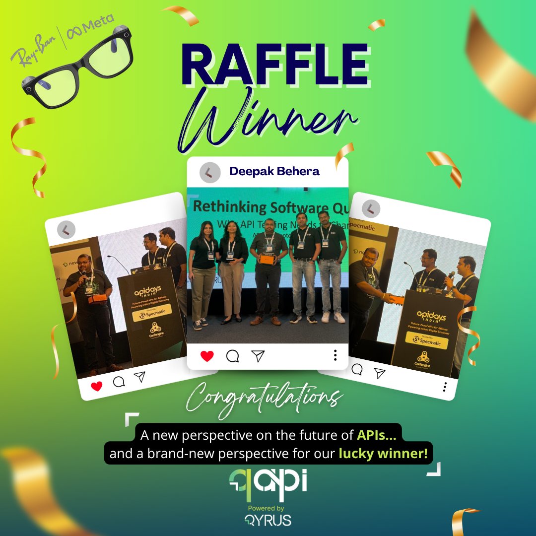 testwithqapi's tweet image. And the winner is... 🥁
 
A huge congratulations to Deepak Behera Quality Assurance at AT&amp;amp;T, on winning our grand raffle prize at Apidays India: a brand-new pair of Ray-Ban Meta Glasses!
 
It was a pleasure connecting with you, Deepak, and we hope you enjoy capturing the world…