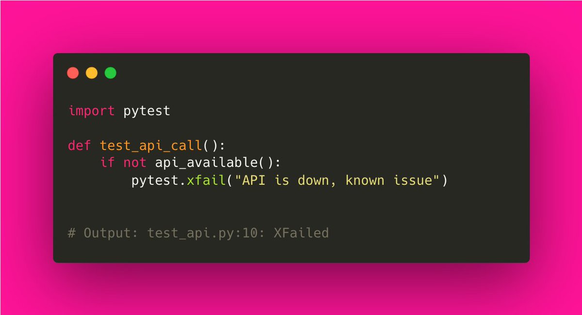 testdrivenio's tweet image. Pytest tip:

Use &quot;@pytest.mark.xfail&quot; to mark tests expected to fail. This helps to highlight known issues without failing the test suite.

Example 👇