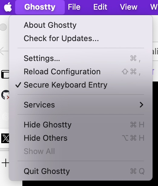 nickytonline's tweet photo. Love me some Ghostty.  Not tip, but here's my config. Love the NightOwl theme.

font-family = "Dank Mono"
font-size = 18
shell-integration = zsh
keybind = shift+enter=text:\x1b\r
cursor-color = "#ffffff"
theme = NightOwl

Actually one tip, but you probably have it set already, is enable secure keyboard entry.