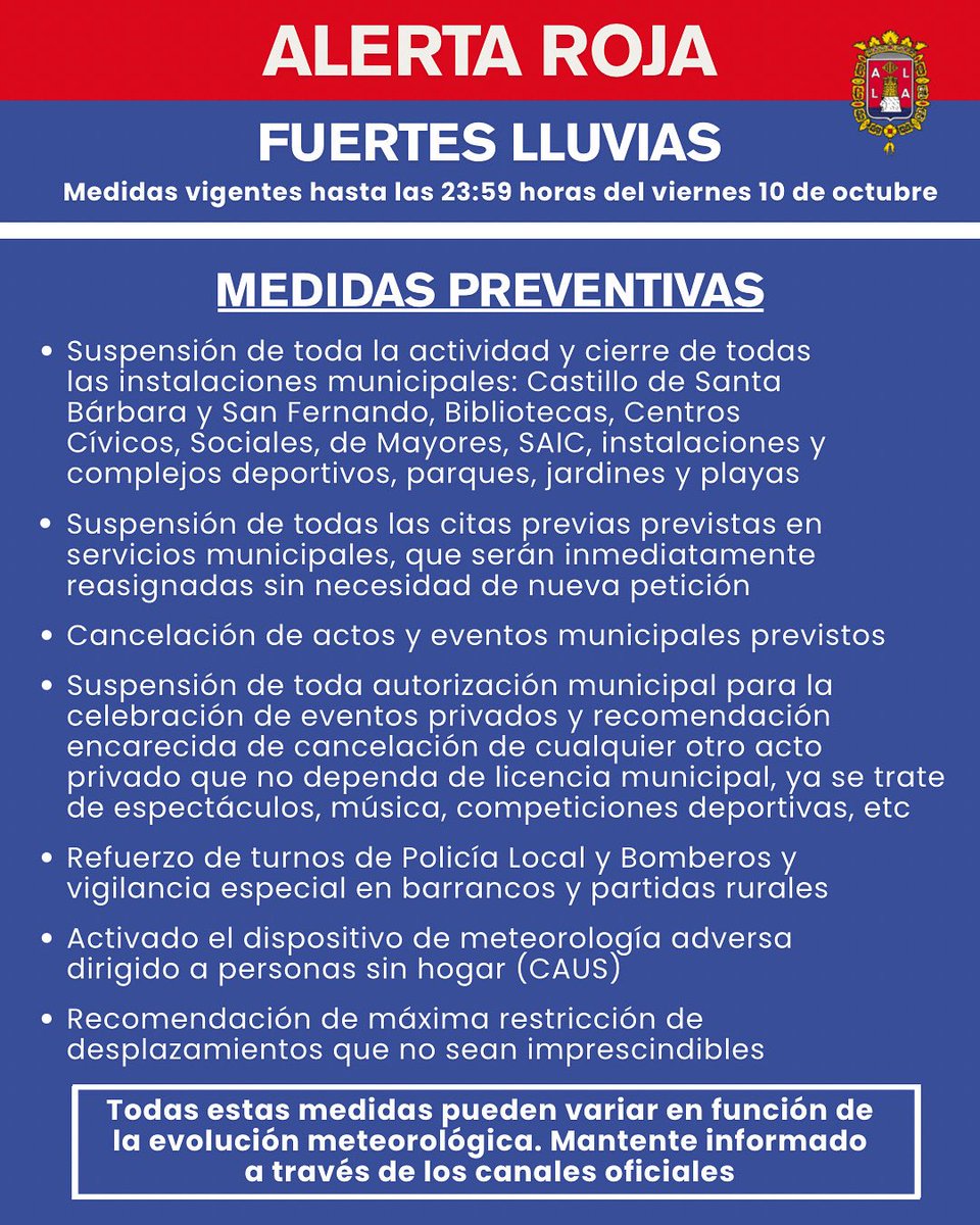 🔴 AVISO: ante la ALERTA ROJA por fuertes lluvias decretada por AEMET para este viernes 10 de octubre, el CECOPAL del Ayuntamiento de Alicante ha establecido las siguientes medidas preventivas, que entran en vigor desde este mismo jueves: