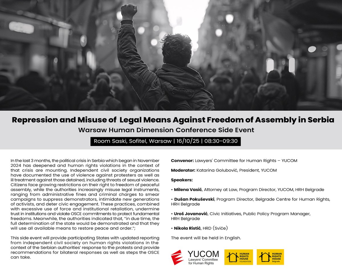 📢<a href="/OSCE/">OSCE</a> #WarsawHDC Side event: The political crisis in #Serbia, has deepened in the last 3 months. Hear directly from Serbian civil society on how #humanrights violations are mounting.

🗓️08:30-09:30 16 Oct 25 
📍Room Saski