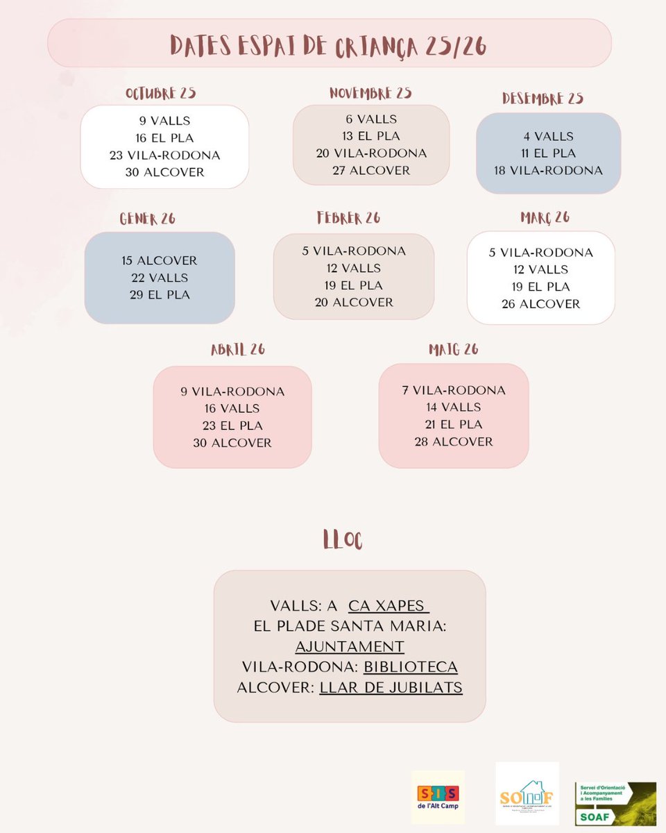 NOVA EDICIÓ DEL GRUP DE CRIANÇA #AltCamp 

Aquest matí s'ha donat el tret de sortida a una nova edició del Grup de Criança Alt Camp, aquest any, acompanyats pel SOAF de <a href="/VallsAjuntament/">Ajuntament de Valls</a> 

Consulteu el calendari.

Cal inscropció prèvia a tuit.cat/sxkF9

#SOAFAltCamp