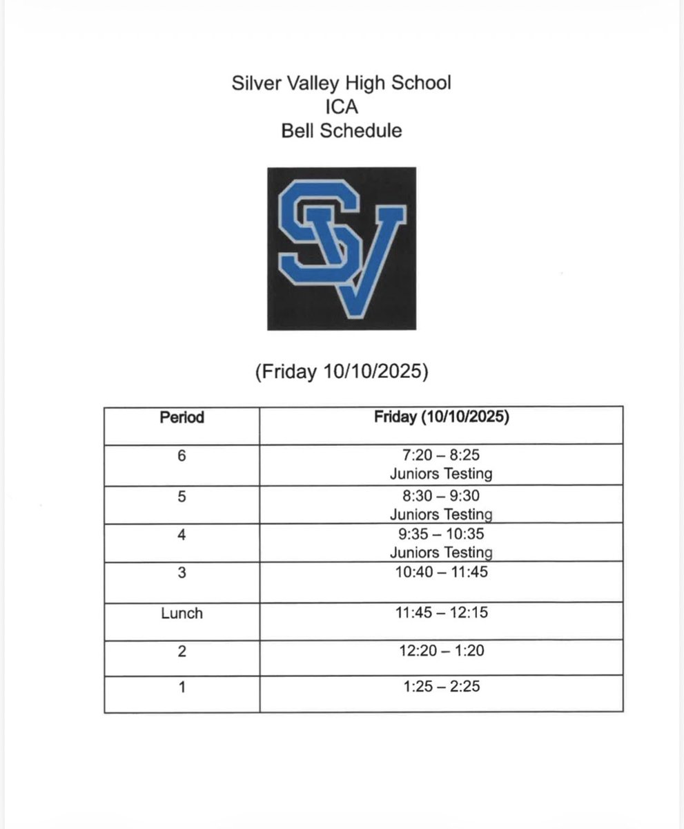 Bell Schedule for today and tomorrow. Please note we are starting with 6th period both days.