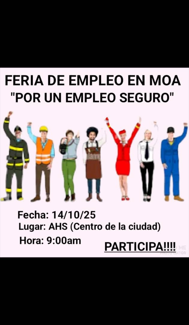 El próximo 14 de octubre en la sede de la AHS del centro de la ciudad, en #MoaPrimeraPorElTrabajo, se realizará la feria de empleo. Oportunidad para que el pueblo conozca las ofertas y escoja la de su preferencia.
<a href="/AsambleaMoa/">Asamblea Municipal Poder Popular MOA</a> 
<a href="/ManolihaHolguin/">Manuel F Hernández Aguilera</a> 
<a href="/QueipoRuiz/">Joel Queipo Ruíz</a> 
<a href="/YiganisM/">Yiganis Cruz Martínez</a>