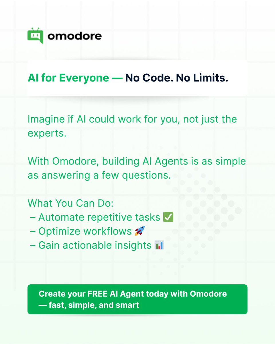 omodore_ai's tweet image. The best part? You can create your first AI Agent for FREE today.
Smarter work starts here → #Omodore
#Omodore #EcommerceTools #SmartSelling #AIForEcommerce #ConversionBoost #AIinHealthcare #chatbots #aiagent #ai #tech #techtrends #latesttrends #googletrends #aitools #trends