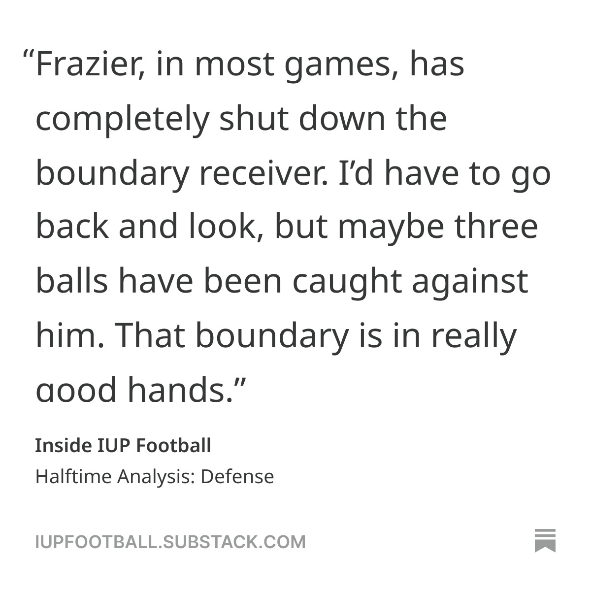 Halftime Analysis: Defense 
IUP head coach Paul Tortorella gives his breakdown of his team's defense at the halfway point of its regular season schedule.
open.substack.com/pub/iupfootbal…