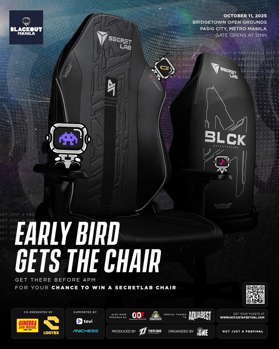 giving away 2 limited edition <a href="/secretlabchairs/">Secretlab</a> x BLCK Gaming Chairs at #BlackoutManila! 

Only two lucky attendees will take home the ultimate gaming throne.♡

All you need to do is show up and be there in person to win. No proxies, no online claiming. Only those at the event