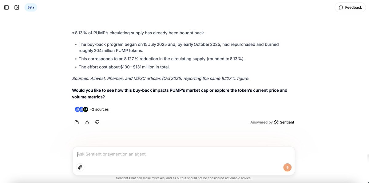As usual i use DUNE for deep research, But now i use sentient chat, thats how he analyze PUMP buybacks buy dune dashboard and onchain data, huge evolution by last 2 month @sentient_chat