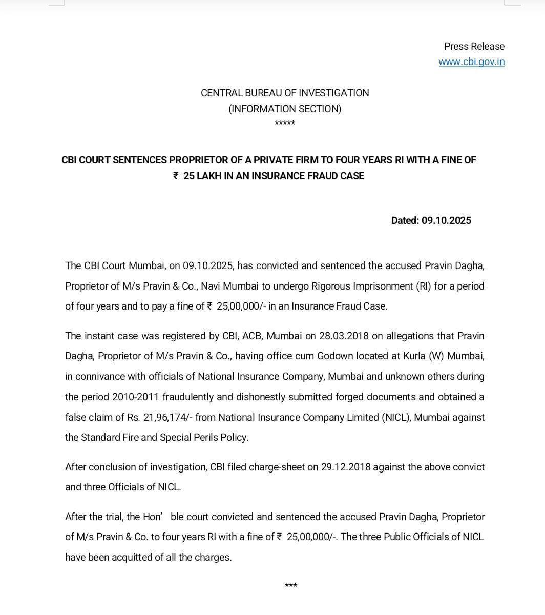 CBIHeadquarters's tweet image. CBI COURT SENTENCES PROPRIETOR OF A PRIVATE FIRM TO FOUR YEARS RI WITH A FINE OF ₹25 LAKH IN AN INSURANCE FRAUD CASE
