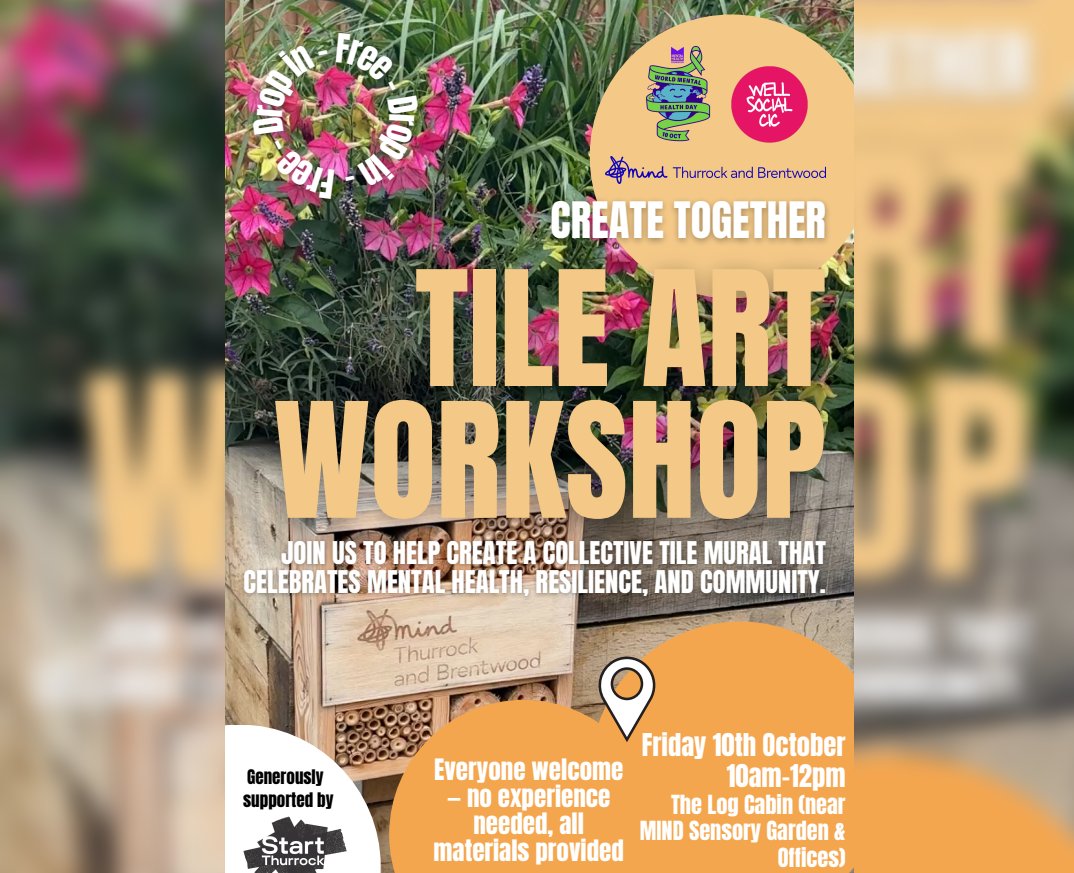 Join Thurrock &amp; Brentwood Mind tomorrow for their drop in Tile Art Workshop!

Friday 10th October, 10am-12pm
The Log Cabin (Near Mind Sensory Garden &amp; Offices)

Help create a collective tile mural that celebrates mental health, resilience and community!