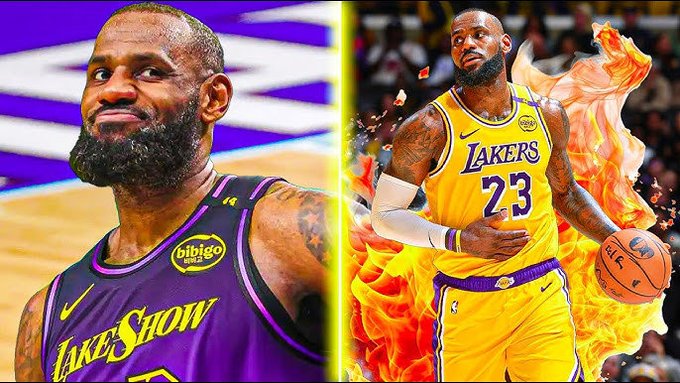 Collage of two images of LeBron James in Los Angeles Lakers purple and yellow uniform with Bibigo sponsor logo on sleeve, one showing him from the side with flames and basketball in hand on a court setting, the other a close-up of his face looking serious with beard and team logo background.