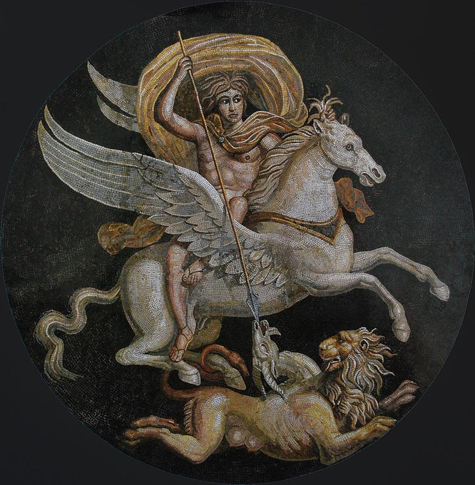 Zoom in and you’ll see that this is not a painting—it’s actually a stunning Roman mosaic medallion depicting the Greek hero Bellerophon riding Pegasus and slaying the Chimera, from the 2nd - 3rd c AD.