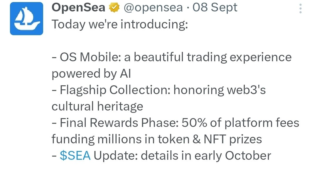 According to <a href="/opensea/">OpenSea</a>, we should be getting details about $SEA in early October.

If I’m not mistaken, early October ends tomorrow and anything after that is mid October.