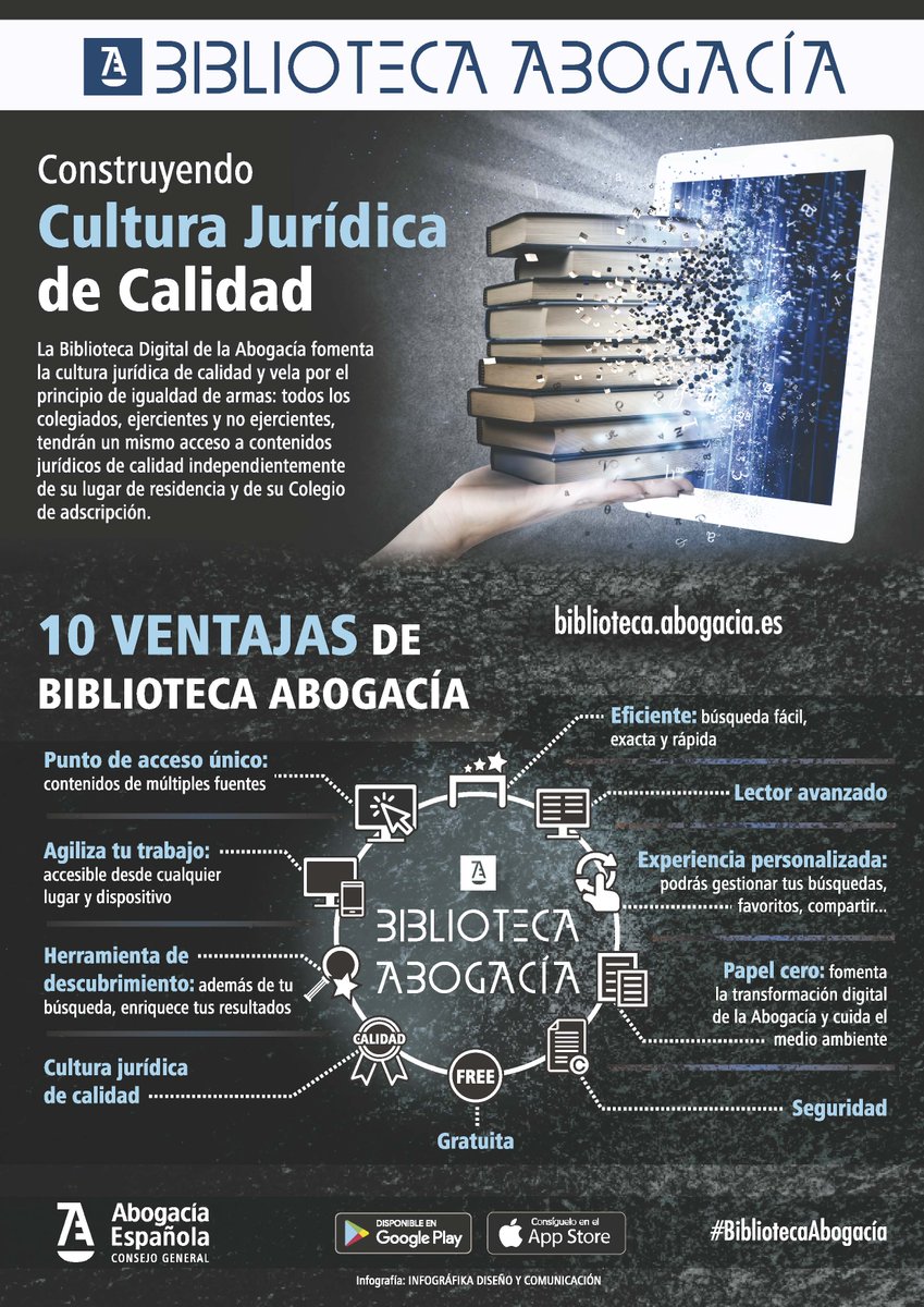 📚Estas son las ventajas de nuestra #BibliotecaAbogacía:
✔️Punto de acceso único
✔️Agiliza tu trabajo
✔️Cultura jurídica de calidad
✔️Gratuita
✔️Lector avanzada
✔️Experiencia personalizada
✔️Papel cero
✔️Seguridad

💻¡Empieza a utilizarla! 👇
biblioteca.abogacia.es