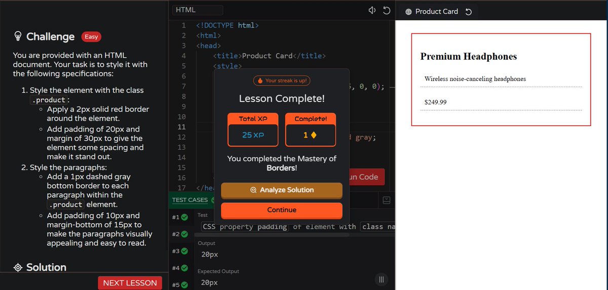 MoniTechCodes's tweet image. Day 66
Exams are here, but consistency doesn’t pause.
Finished the “Mastery of Borders” challenge today — one more step forward ✨
#100DaysOfCode #Frontend #LearningInPublic #CSS #30NitesOfCode #CodingJourney
codedex.io/community/30-n…