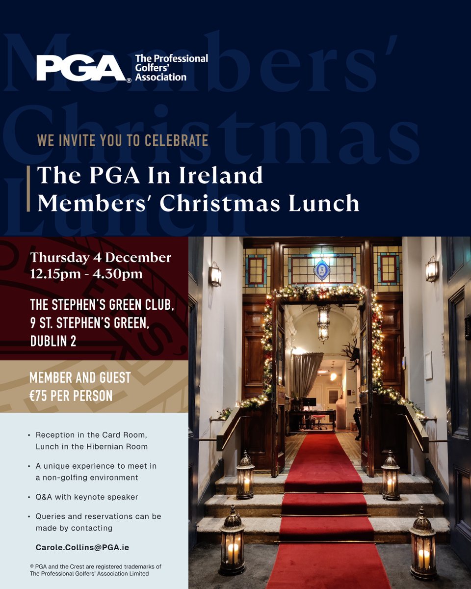 We are delighted to announce the PGA in Ireland Member &amp; Guest Christmas Lunch.
Members wishing to secure tickets can contact Carole.Collins@PGA.ie
Full details can be found here ⬇️