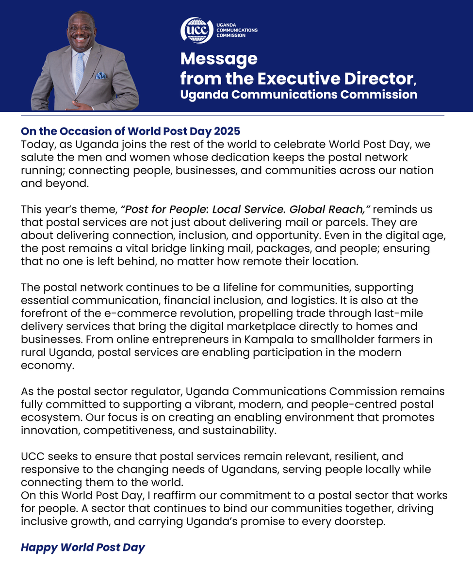 UCC_Official's tweet image. For the communications sector in Uganda today brings double joy: it's not only Independence Day, it's also World Post Day. 
#HappyWorldPostDay
#HappyIndependenceDay 

@UCC_ED @ConsumerUCC @UgCERT @UgandaFilm