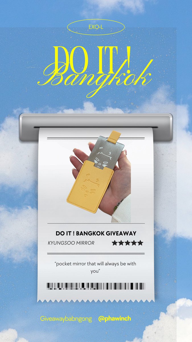 - D0 !T in BKK  giveaway★

Pls kindly RT 

Kyungsoo pocket mirror 🪞
- 90 pieces 

RULES
🥚  pls show this twt 
🥚 show your twt

#DOit_inBANGKOK #giveawaybabngong